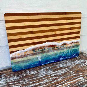 XL "Beach Restores My Soul" Ocean Waves Resin Wooden Cutting/Charcuterie Board